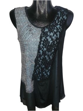 Black Lace-Accent Sleeveless Top with Light Blue Underlay Panels Size S